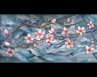 Stained glass premium window film, custom size, frosted - cherry blossom sakura flower branch