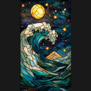 Custom-size premium frosted stained glass window cling film - Starry Night Ocean Wave