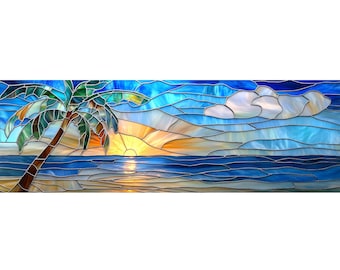 Puede incluir: Un panel de vidrieras que representa una escena de playa tropical al atardecer. La obra presenta una palmera a la izquierda, un sol amarillo brillante en el horizonte, olas de mar azul profundo y nubes blancas sobre un cielo azul claro.