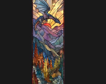 May include: Stained glass panel depicting a dragon soaring over a mountain range at sunset. The dragon has blue wings and a red and blue body. The mountains are purple, blue, and green. The sky is yellow and orange.