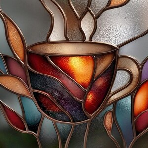 May include: A stained glass panel featuring a coffee cup design. The cup is filled with warm, glowing colors, with steam rising from the top. The surrounding glass has a floral design with shades of blue, red, and purple.