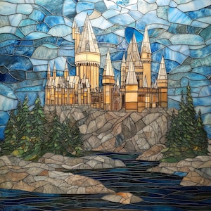 Película para ventanas de vitrales premium, tamaño personalizado, esmerilada - Castillo de Hogwarts