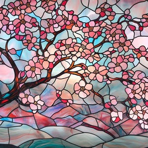 ステンドグラスのプレミアムカスタムウィンドウクリング - 桜の木の枝 - 桜の花