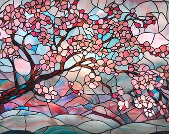 Stained glass custom size frosted window cling - cherry blossom sakura flower branch