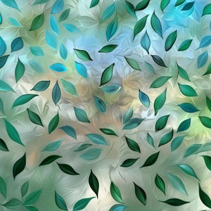 May include: An abstract artwork showing a pattern of green and teal leaves scattered across a textured, light-coloured background. The leaves vary in shade, creating depth and visual interest. The overall effect is a nature-inspired design.