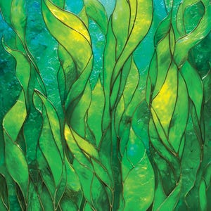 Kelp Stained glass premium window film, custom size, frosted - green ocean