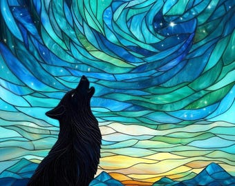 Stained glass premium window film, custom size, frosted- Wolf Northern Lights