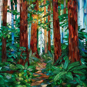 Stained glass premium window film, custom size, frosted- Redwood forest and ferns