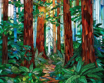 Custom-size premium frosted stained glass window cling film- Redwood forest and ferns