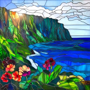 Custom-size premium frosted stained glass window cling film - Na Pali Coast, Hawaii