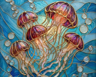 Stained glass premium window film, custom size, frosted - Jellyfish