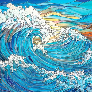 Custom size window cling - stained glass ocean wave