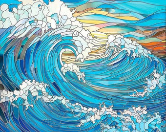 Custom size window cling - stained glass ocean wave