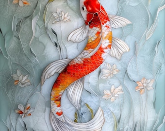 Stained glass premium window film, custom size, frosted - Koi fish and flowers zen