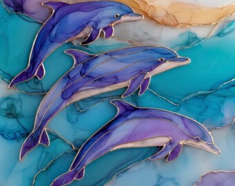 Stained glass premium window film, custom size, frosted - Dolphins