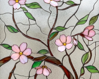 Stained glass premium window film, custom size, frosted - Sakura cherry blossom flowers