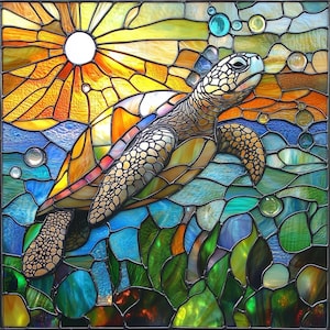 Custom-size premium frosted stained glass window cling film - sea turtle ocean reef