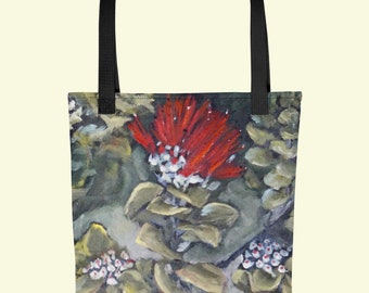 Tote bag of native Hawaiian plant, ohia, the mother of the forest. A perfect gift of aloha from Hawaii