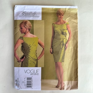 May include: A vintage Vogue sewing pattern featuring a green off-the-shoulder dress design. The pattern includes images of the dress on a model, with the "Bellville Sassoon" and "Vogue Patterns" logos prominently displayed. The pattern number is V1108.