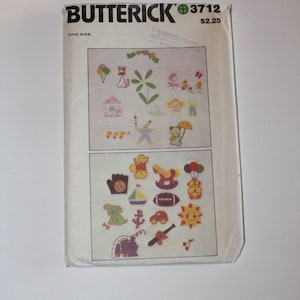 May include: A vintage sewing pattern for children's appliques. The pattern is called Butterick 3712 and costs £2.25. The pattern includes a variety of cute designs, including animals, toys, and food.