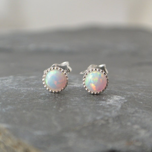 White Opal Sterling Silver Studs, Synthetic Opal Earrings