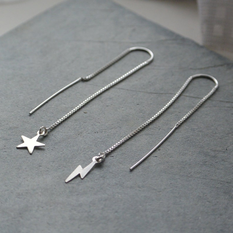 Gift For Her Sterling Silver Lightning Bolt And Star Threader Earrings Sterling Silver Threader Earrings