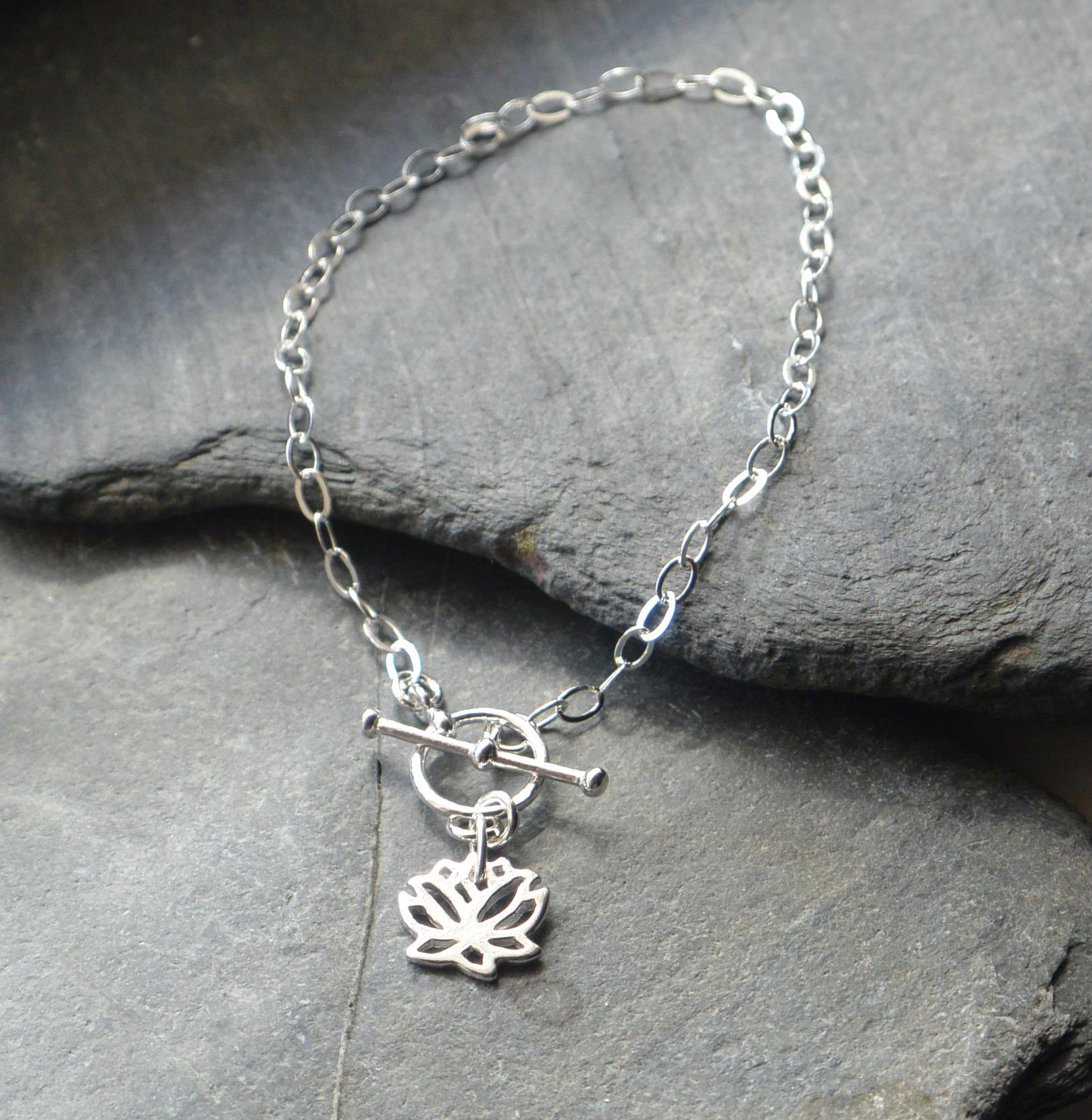 Lotus Flower T Bar Bracelet, Sterling Silver Toggle Clasp Lotus Flower T Bar Bracelet, Sterling Silver Toggle Clasp