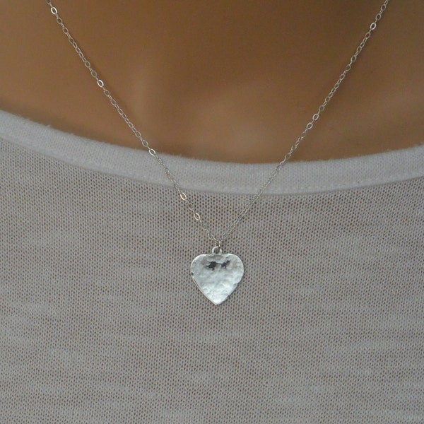 Hammered Heart Charm Necklace, Sterling Silver Love Heart Pendant