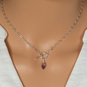 May include: A silver chain necklace with a toggle clasp and a small purple gemstone pendant.