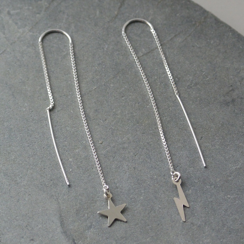 Gift For Her Sterling Silver Lightning Bolt And Star Threader Earrings Sterling Silver Threader Earrings
