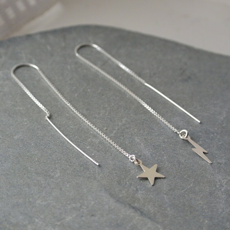 Gift For Her Sterling Silver Lightning Bolt And Star Threader Earrings Sterling Silver Threader Earrings