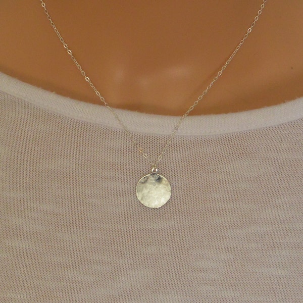 Hammered Disc Charm Necklace, Sterling Silver Circle Charm Pendant