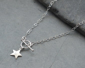 Sterling Silver Star Charm T Bar Necklace, Silver Star Toggle Clasp Necklace