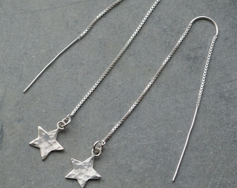 Hammered Star Threader Earrings, Sterling Silver