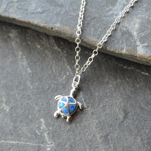 Turtle Necklace,  925 Sterling Silver with Blue Opal Inlay