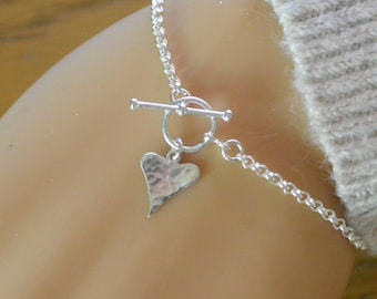 Hammered Heart Toggle Clasp Bracelet Sterling Silver