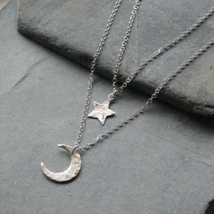 Sterling Silver Hammered Moon And Star Necklace Set, Layering Necklaces