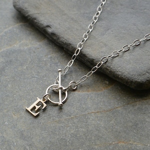 Initial Charm T Bar Necklace Sterling Silver, Toggle Clasp Necklace