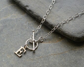 Initial Charm T Bar Necklace Sterling Silver, Toggle Clasp Necklace