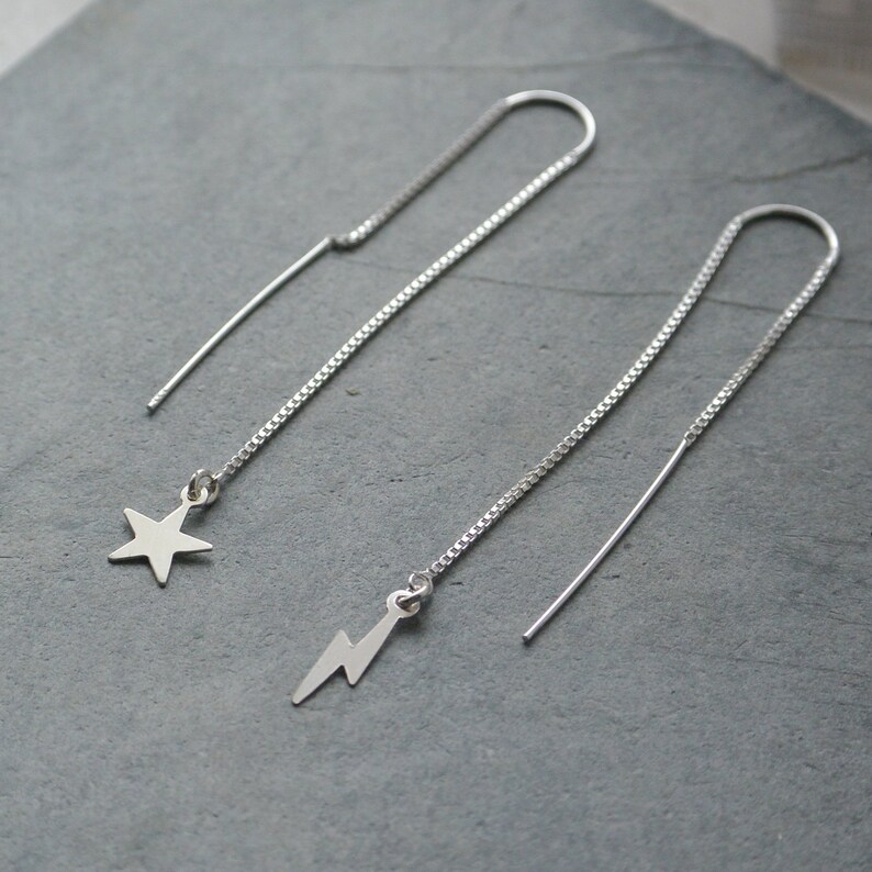 Gift For Her Sterling Silver Lightning Bolt And Star Threader Earrings Sterling Silver Threader Earrings