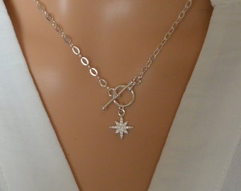 North Star Charm T Bar Necklace, Sterling Silver Toggle Clasp Necklace