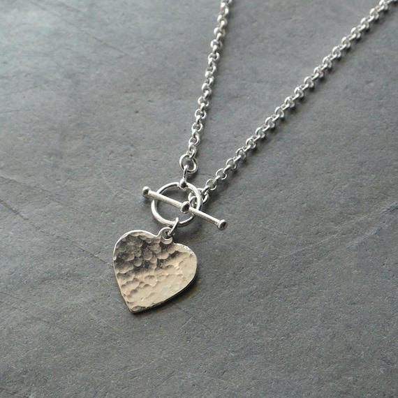 ◇wing bling◇ 925 silver entree toggle bar heart necklace Silver Hammered Heart T Bar Necklace, Toggle Necklace - Etsy