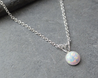 Dainty Sterling Silver Opal Necklace, Synthetic Opal Pendant, Gift For Her