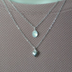 Twin Necklace Set, Heart Charm And Rainbow Moonstone Necklaces, Sterling Silver