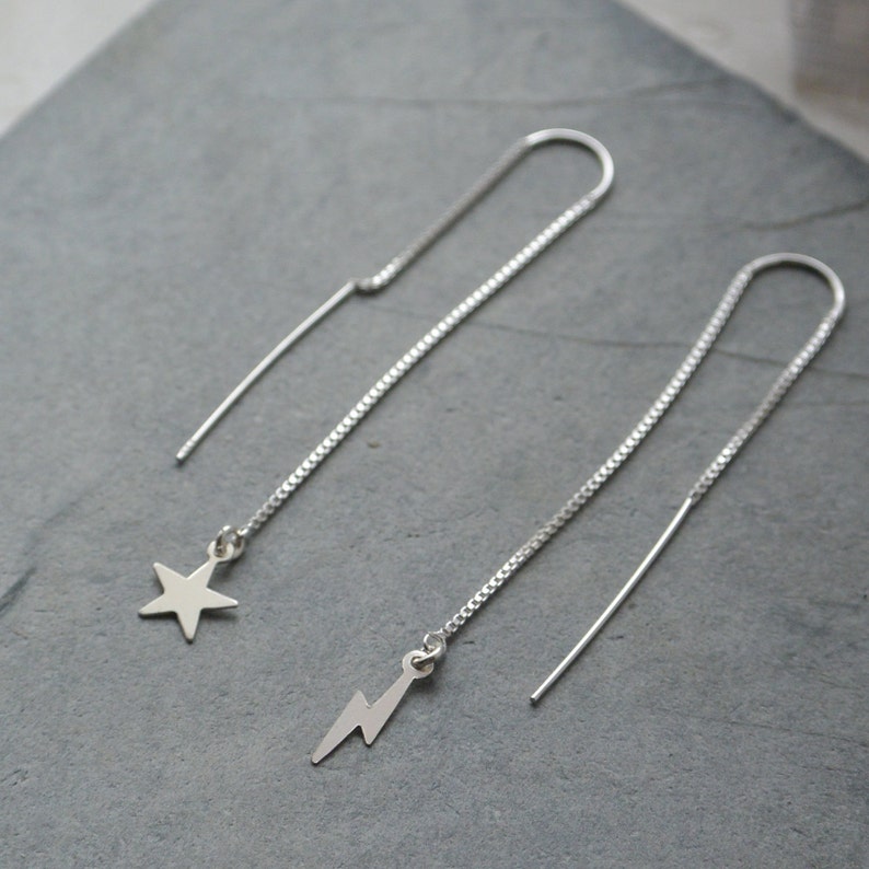 Gift For Her Sterling Silver Lightning Bolt And Star Threader Earrings Sterling Silver Threader Earrings