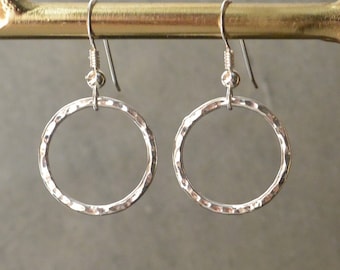 Sterling Silver Circle Earrings, Hammered Silver Open Circle Earrings