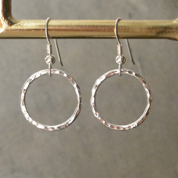 Sterling Silver Circle Earrings, Hammered Silver Open Circle Earrings