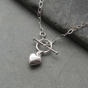 Heart Charm T Bar Necklace, Sterling Silver Heart Toggle Clasp Necklace