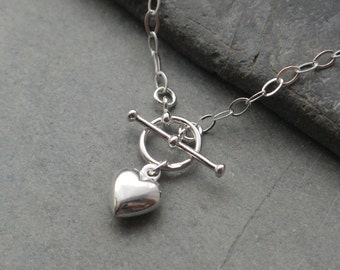 Heart Charm T Bar Necklace, Sterling Silver Heart Toggle Clasp Necklace