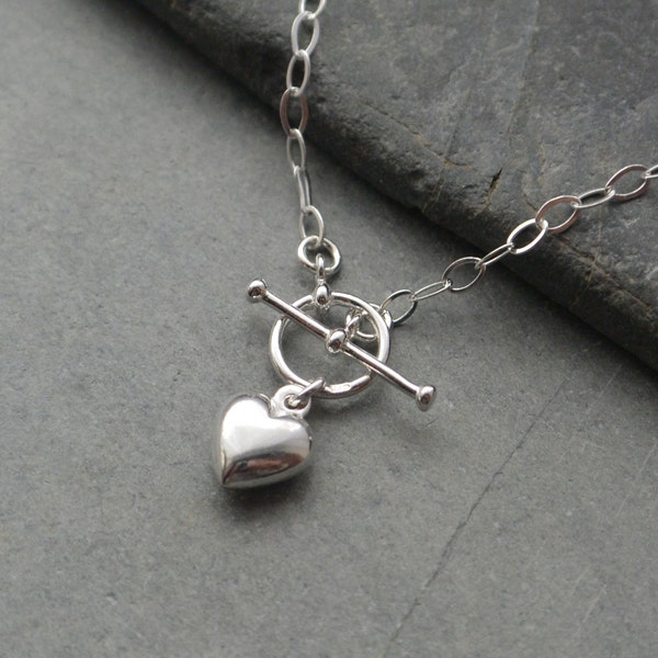 Heart Charm T Bar Necklace, Sterling Silver Heart Toggle Clasp Necklace